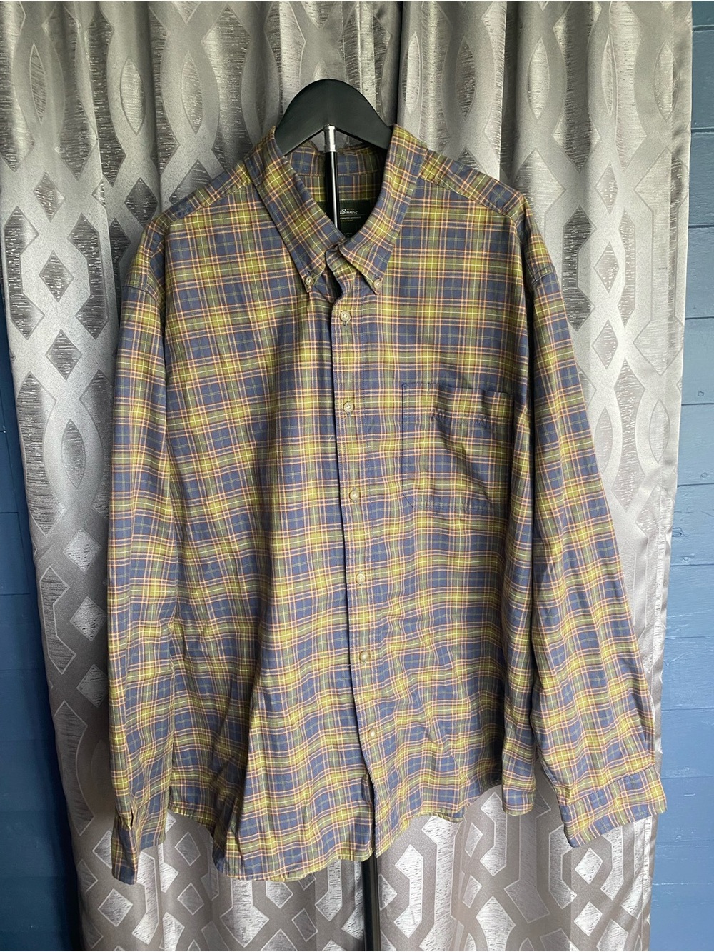 Eddie Bauer Men’s XXL Plaid Long Sleeve Button Down Shirt Blue Olive Yellow